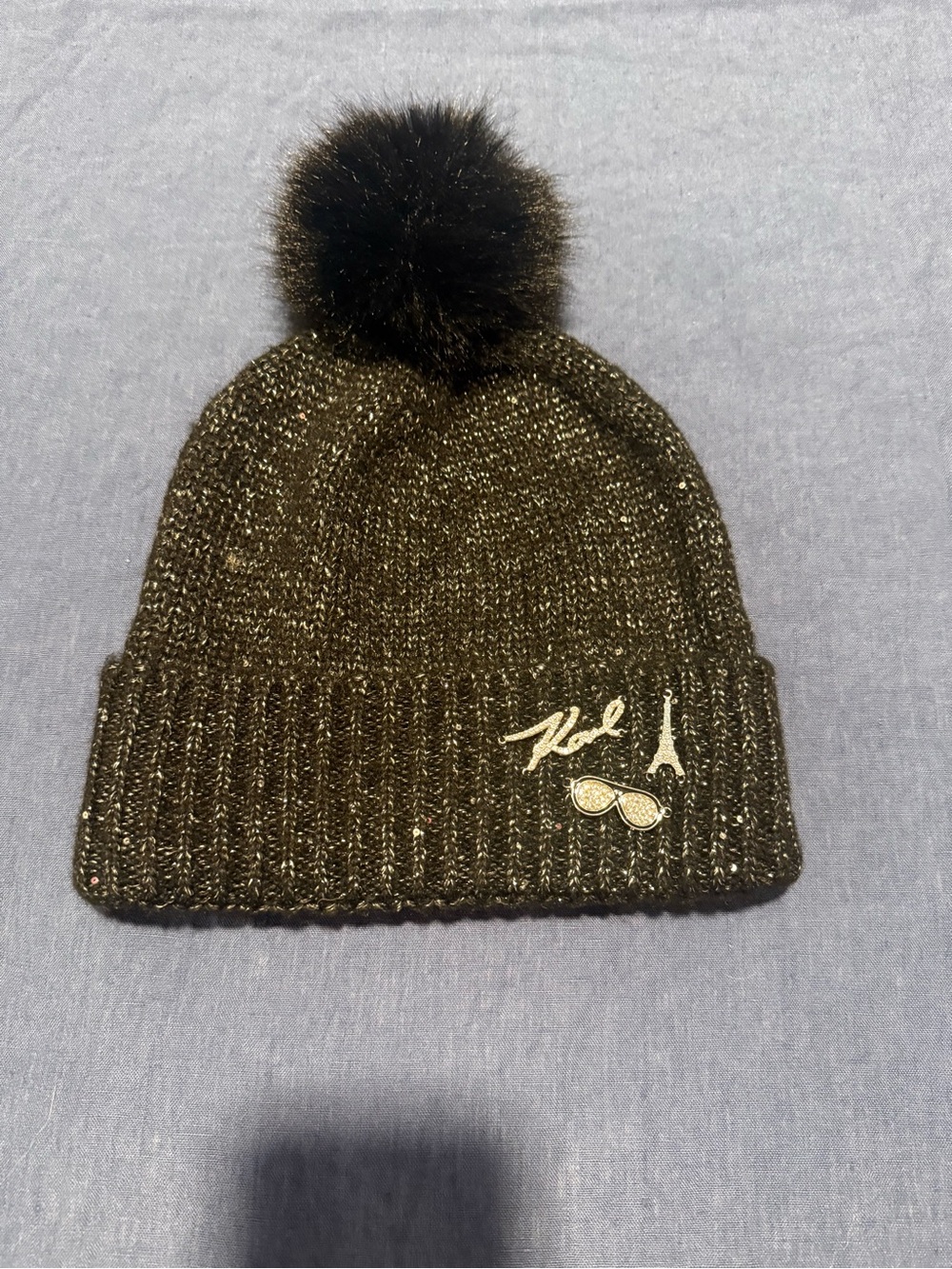 Karl Lagerfeld Ladies Black Metallic Pom Pom Beanie